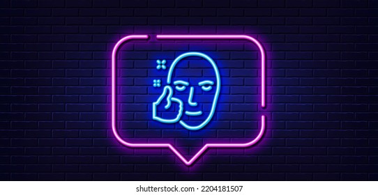 Neon Light Speech Bubble. Healthy Face Skin Line Icon. Good Care Sign. Like Symbol. Neon Light Background. Healthy Face Glow Line. Brick Wall Banner. Vector