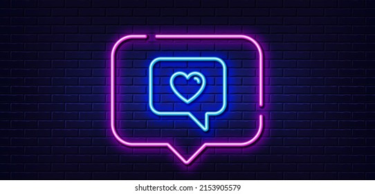 Neon light speech bubble. Heart in Speech bubble line icon. Love chat symbol. Valentines day communication sign. Neon light background. Love message glow line. Brick wall banner. Vector