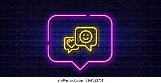 Neon light speech bubble. Heart and Smile line icon. Favorite like sign. Positive feedback symbol. Neon light background. Smile glow line. Brick wall banner. Vector