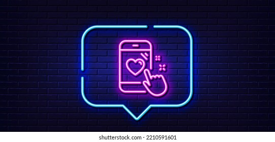 Neon light speech bubble. Heart rating line icon. Feedback phone sign. Customer satisfaction symbol. Neon light background. Heart rating glow line. Brick wall banner. Vector