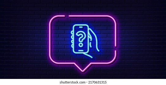 Neon light speech bubble. Help app line icon. Hand hold phone sign. Cellphone with screen notification symbol. Neon light background. Help app glow line. Brick wall banner. Vector