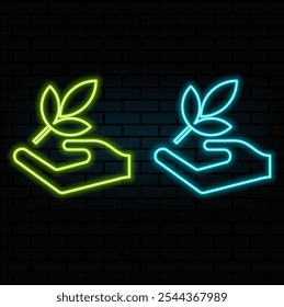 Neon light speech bubble. Helping hand line icon. Charity gesture sign. Startup plant symbol. Neon light background. Helping hand glow line. Brick wall banner. Vector.
