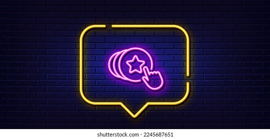 Neon light speech bubble. Hold heart line icon. Friends love sign. Brand ambassador hand symbol. Neon light background. Hold heart glow line. Brick wall banner. Vector