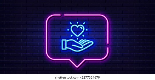 Neon light speech bubble. Hold heart line icon. Friends love sign. Brand ambassador hand symbol. Neon light background. Hold heart glow line. Brick wall banner. Vector