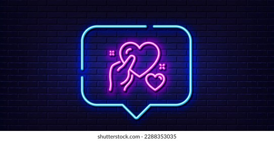 Neon light speech bubble. Hold heart line icon. Care love emotion sign. Valentine day symbol. Neon light background. Hold heart glow line. Brick wall banner. Vector