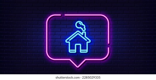 Neon light speech bubble. Home line icon. House sign. Building or Homepage symbol. Neon light background. Home glow line. Brick wall banner. Vector