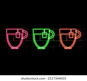 Burbuja de discurso de luz de neón. Icono de línea de café caliente. Signo de bebida de té. Símbolo de café. Fondo de luz de neón. Línea de resplandor de café. Anuncio de pared de ladrillo. Vector.