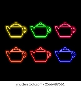 Neon light speech bubble. Hot coffee line icon. Tea drink sign. Cafe symbol. Neon light background. Coffee glow line. Brick wall banner. Vector.