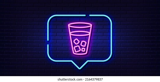 Neon light speech bubble. Ice tea line icon. Soda drink sign. Fresh cold beverage symbol. Neon light background. Ice tea glow line. Brick wall banner. Vector