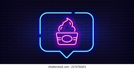 Neon light speech bubble. Ice cream cup line icon. Vanilla sundae sign. Frozen yogurt dessert symbol. Neon light background. Ice cream glow line. Brick wall banner. Vector