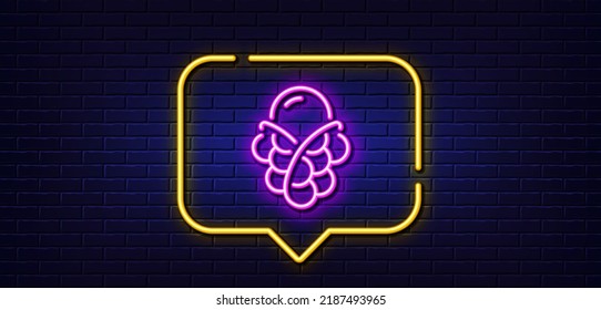 Neon light speech bubble. Ice cream bubble waffle line icon. Vanilla sundae cone sign. Frozen summer dessert symbol. Neon light background. Ice cream glow line. Brick wall banner. Vector