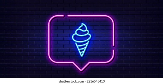 Neon light speech bubble. Ice cream line icon. Vanilla sundae cone sign. Frozen summer dessert symbol. Neon light background. Ice cream glow line. Brick wall banner. Vector