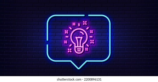 Neon light speech bubble. Idea line icon. Light bulb or Lamp sign. Creativity, Solution or Thinking symbol. Neon light background. Idea glow line. Brick wall banner. Vector