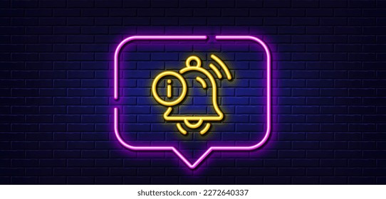 Neon light speech bubble. Information bell line icon. Alarm reminder info sign. Notification message symbol. Neon light background. Information bell glow line. Brick wall banner. Vector