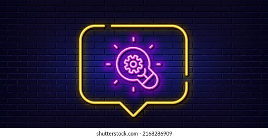 Neon light speech bubble. Innovation line icon. Light bulb with cog sign. Working process symbol. Neon light background. Innovation glow line. Brick wall banner. Vector