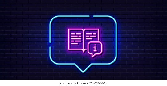 Neon Light-Sprechblase. Symbol der Instruktionslinie. Benutzerhandbuch. Informationsbuchsymbol. Neoner heller Hintergrund. Manuelle Glühlinie. Brick-Wand-Banner. Vektorgrafik