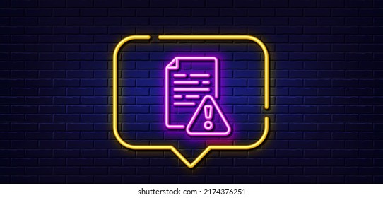 Neon light speech bubble. Instruction manual line icon. Warning file sign. Caution alert symbol. Neon light background. Instruction manual glow line. Brick wall banner. Vector