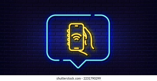 Neon light speech bubble. Internet app line icon. Hand hold phone sign. Cellphone with screen notification symbol. Neon light background. Internet app glow line. Brick wall banner. Vector