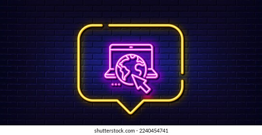 Neon light speech bubble. Internet line icon. Online web service sign. Url webpage symbol. Neon light background. Internet glow line. Brick wall banner. Vector