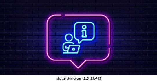 Neon light speech bubble. Interview line icon. Job information sign. Online business meeting symbol. Neon light background. Interview glow line. Brick wall banner. Vector