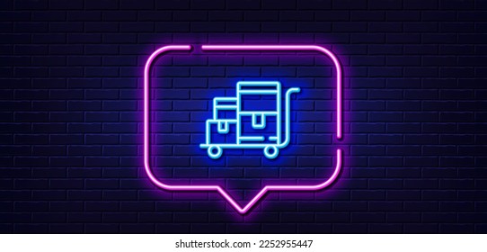 Neon light speech bubble. Inventory cart line icon. Wholesale delivery sign. Warehouse boxes symbol. Neon light background. Inventory cart glow line. Brick wall banner. Vector