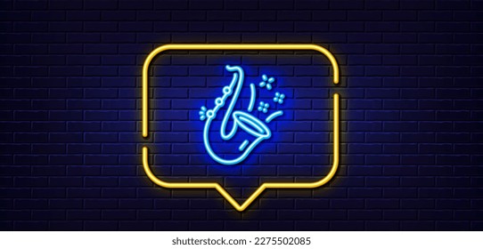 Burbuja de habla de luz neón. Icono de la línea de jazz. Signo de instrumento musical saxofón. Símbolo musical. Fondo neón de luz. Línea de brillo del jazz. Banner de pared de ladrillo. Vector