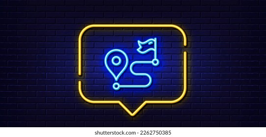 Neon light speech bubble. Journey line icon. Road path sign. Route map distance symbol. Neon light background. Journey glow line. Brick wall banner. Vector