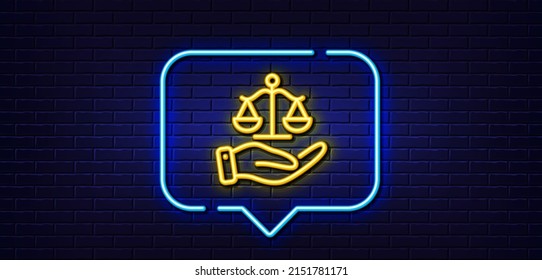 Neon Light Speech Bubble. Justice Scales Line Icon. Judgement Scale Sign. Legal Law Symbol. Neon Light Background. Justice Scales Glow Line. Brick Wall Banner. Vector