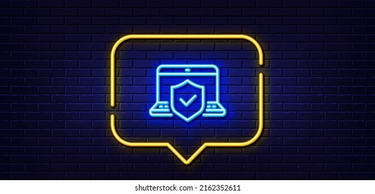Burbuja de habla de luz neón. Icono de línea de mano de seguro de portátil. Signo de cobertura de riesgo. Símbolo de protección de bloc de notas. Fondo neón de luz. Línea de resplandor de seguros de portátiles. Banner de pared de ladrillo. Vector