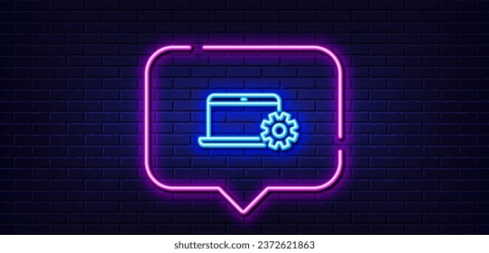 Neon light speech bubble. Laptop computer icon. Notebook Service sign. Portable personal computer symbol. Neon light background. Notebook Service glow line. Brick wall banner. Vector