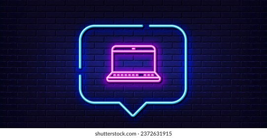 Neon light speech bubble. Laptop computer icon. Notebook sign. Portable personal computer symbol. Neon light background. Notebook glow line. Brick wall banner. Vector