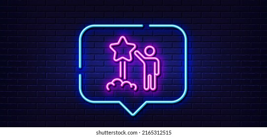 Neon light speech bubble. Launch star line icon. Feedback rating sign. Customer satisfaction symbol. Neon light background. Star glow line. Brick wall banner. Vector