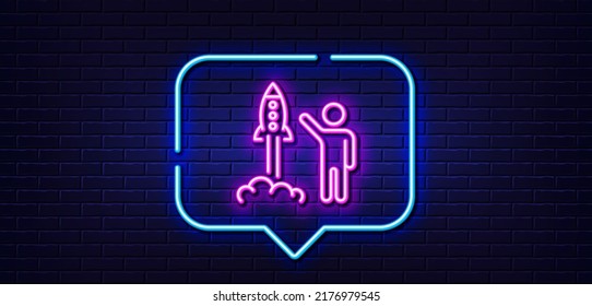 Neon light speech bubble. Launch project line icon. Startup rocket sign. Innovation symbol. Neon light background. Launch project glow line. Brick wall banner. Vector