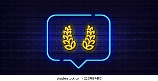 Neon light speech bubble. Laurel wreath line icon. Reward symbol. Winner award sign. Neon light background. Laurel wreath glow line. Brick wall banner. Vector