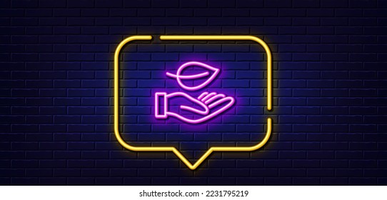 Neon light speech bubble. Leaf line icon. Grow plant sign. Environmental care symbol. Neon light background. Leaf glow line. Brick wall banner. Vector