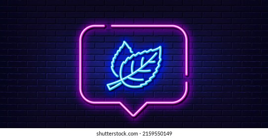 Neon light speech bubble. Leaves line icon. Nature plant leaf sign. Environmental care symbol. Neon light background. Leaf glow line. Brick wall banner. Vector