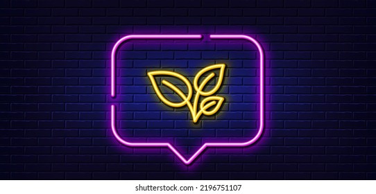 Neon Light-Sprechblase. Lässt das Zeilensymbol. Pflanzenblattzeichen anbauen. Umweltpflege-Symbol. Neoner heller Hintergrund. Lässt glatte Linie. Brick-Wand-Banner. Vektorgrafik
