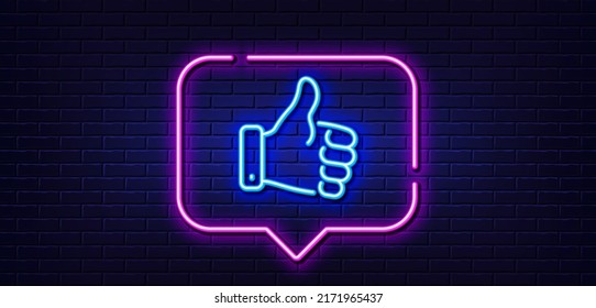 Neon light speech bubble. Like hand line icon. Thumbs up finger sign. Gesture symbol. Neon light background. Like hand glow line. Brick wall banner. Vector