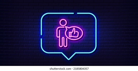 Neon light speech bubble. Like line icon. Thumbs up sign. Positive feedback, social media symbol. Neon light background. Like glow line. Brick wall banner. Vector