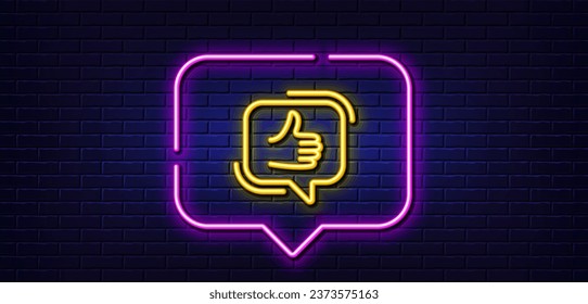 Neon light speech bubble. Like line icon. Thumbs up sign. Positive feedback, social media symbol. Neon light background. Like glow line. Brick wall banner. Vector