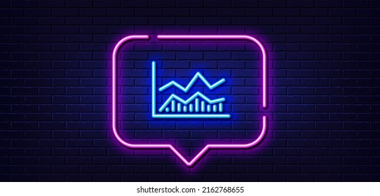 Burbuja de habla de luz neón. Icono de gráfico de línea. Signo gráfico de crecimiento financiero. Símbolo de bolsa. Fondo neón de luz. Línea de resplandor de infografía comercial. Banner de pared de ladrillo. Vector