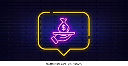 Neon light speech bubble. Loan line icon. Business mortgage sign. Money bag on plate symbol. Neon light background. Loan glow line. Brick wall banner. Vector