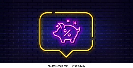 Burbuja de habla de luz neón. Icono de línea de porcentaje de préstamo. Cartel de la orilla de cerdo. Símbolo de porcentaje de crédito. Fondo neón de luz. La línea de brillo del porcentaje de préstamo. Banner de pared de ladrillo. Vector
