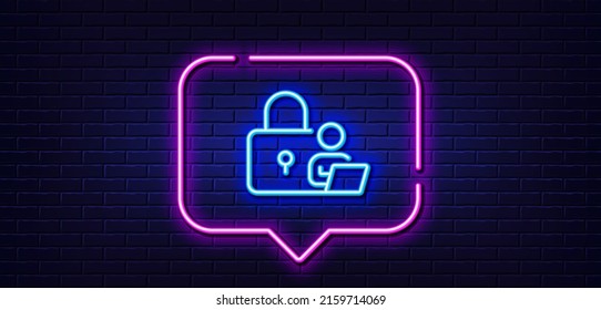 Burbuja de habla de luz neón. Icono de línea de bloqueo. Signo de acceso de seguridad. Símbolo de candado en línea. Fondo neón de luz. Bloquear la línea de brillo. Banner de pared de ladrillo. Vector