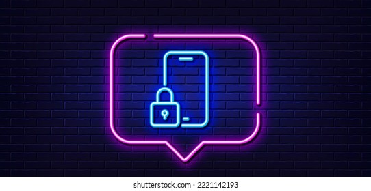 Burbuja de habla de luz neón. Icono de línea de bloqueo. Señal de candado de teléfono. Símbolo de acceso de seguridad. Fondo neón de luz. Bloquear la línea de brillo. Banner de pared de ladrillo. Vector