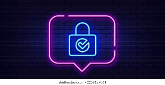 Neon light speech bubble. Lock with Check line icon. Private locker sign. Password encryption symbol. Neon light background. Password encryption glow line. Brick wall banner. Vector