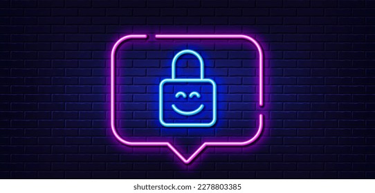 Neon light speech bubble. Lock line icon. Protected padlock sign. Security access with smile. Neon light background. Lock glow line. Brick wall banner. Vector