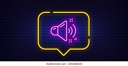 Neon light speech bubble. Loud sound line icon. Music sound sign. Musical device symbol. Neon light background. Loud sound glow line. Brick wall banner. Vector