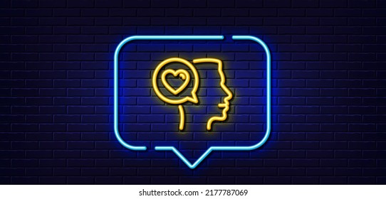 Neon light speech bubble. Love chat line icon. Heart symbol. Valentines day communication sign. Neon light background. Romantic talk glow line. Brick wall banner. Vector