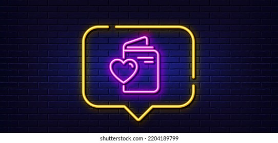 Neon light speech bubble. Love document line icon. Wedding passport sign. Couple relationships symbol. Neon light background. Love document glow line. Brick wall banner. Vector